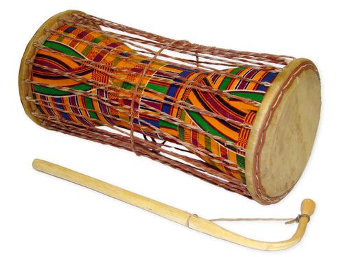 Geometric Blue Sese Wood Djembe Drum with Kente Accents, 'Unity Celebration